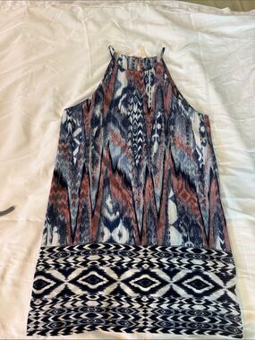Tyche Aztec-Print High-Neck dress in Navy, Rust & Cream